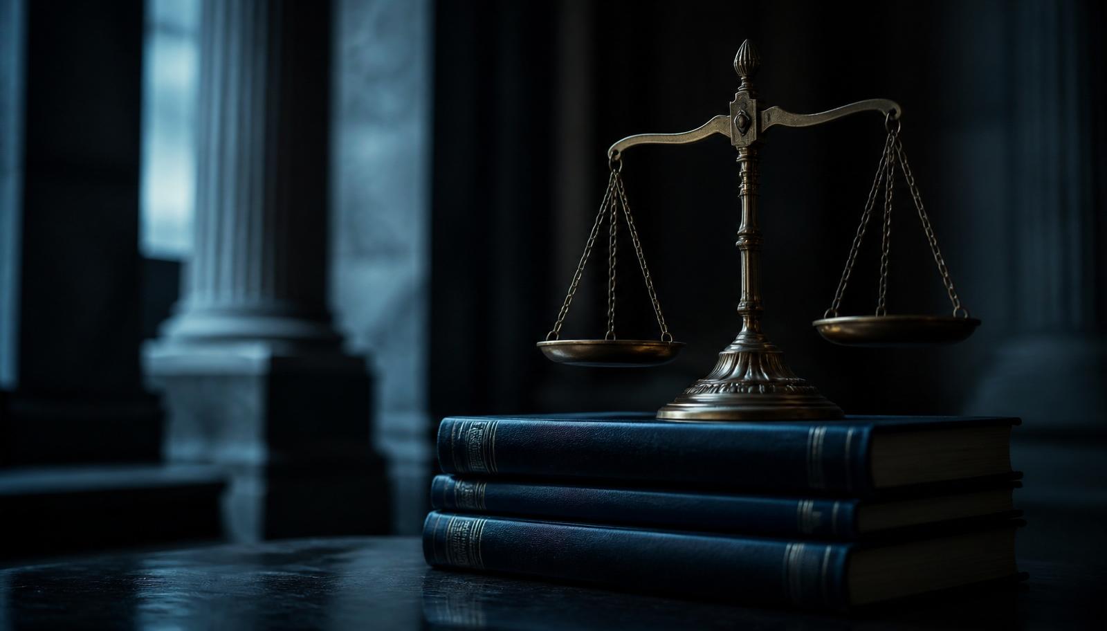 Scales of justice on law books beside courthouse pillars